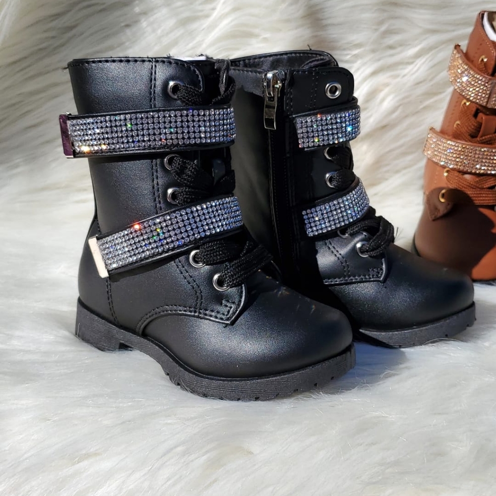 Black Moto Embroidered Rhinestones Combat Boots - Picture 2 of 2